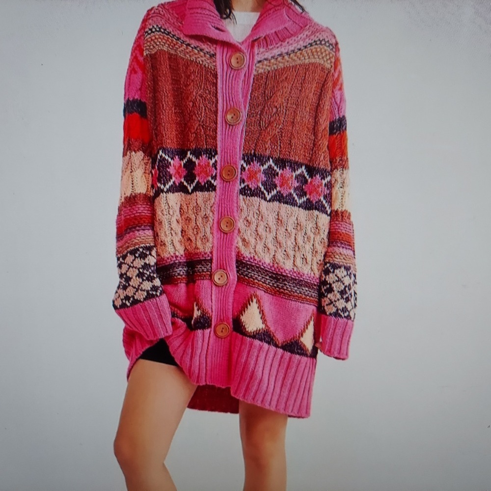 Free People Women Cardigan XS Pink Boho Fair Isle Oversized Button Front Long